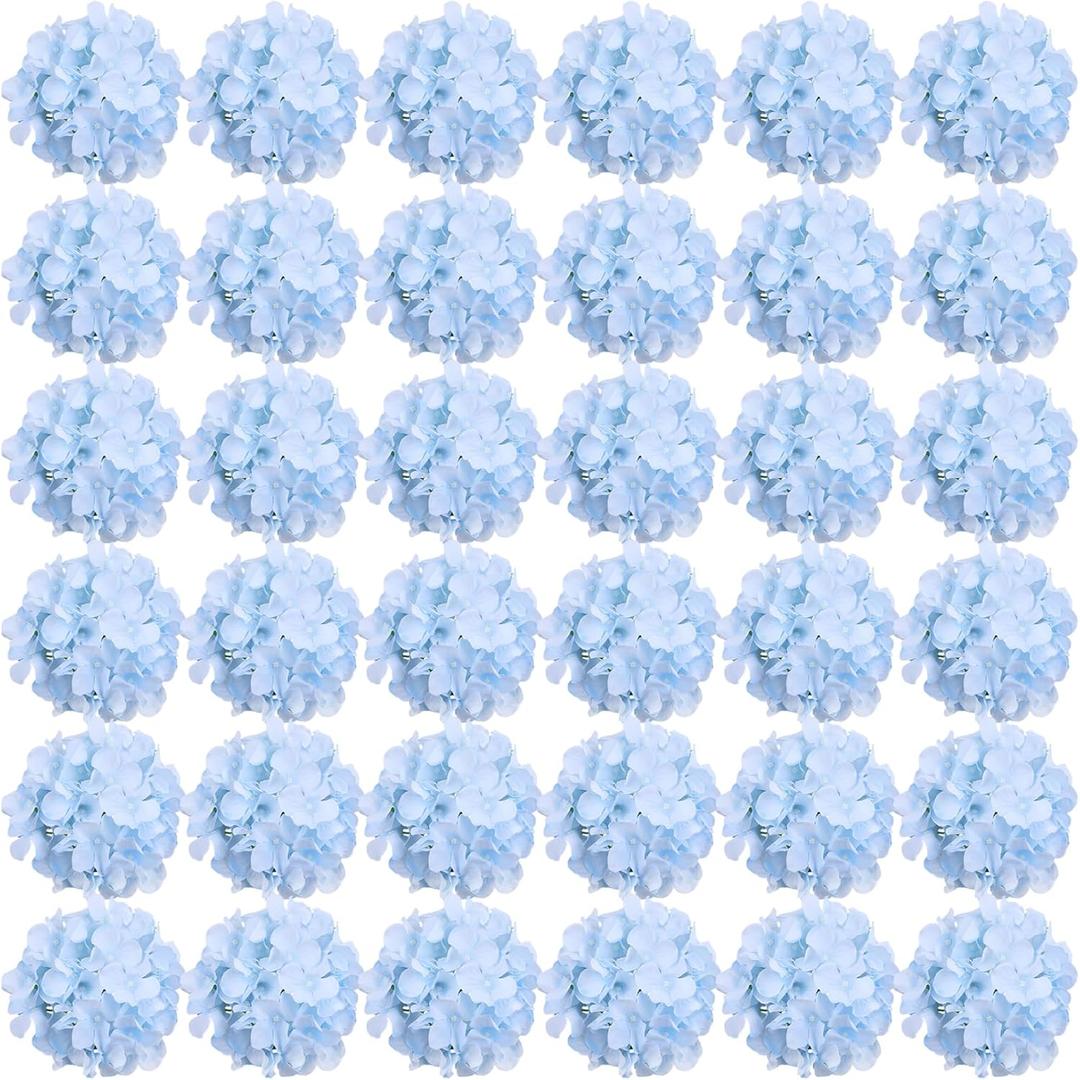 FagusHome Silk Hydrangea Heads 36 Pcs Artificial Flowers Heads and 3 Dozens Stems Fake Hydrangea Flowers with Stems for Home Wedding Decor (Light Blue)