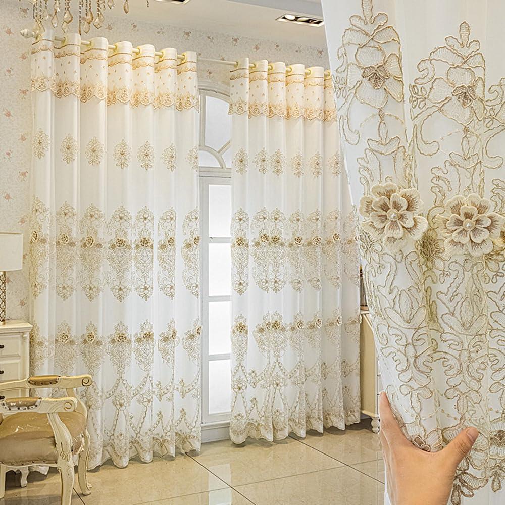Amidoudou 1 Pair European Style Curtains Double Layer with Valances for Living Room Luxury 3D Flower Embroidered Semi-Blackout Curtains for Bedroom (White,51x84 Inch)