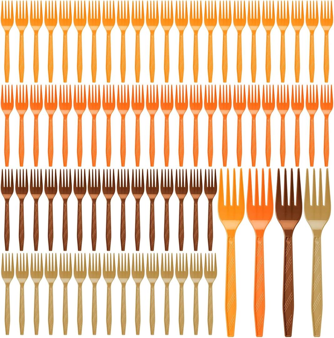 Tioncy 120 Pcs Rainbow Disposable Plastic Forks Bulk Colorful Disposable Cutlery Neon Plastic Forks for Holiday Party Picnics Restaurant Outdoor Events(Thanksgiving Color)