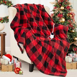 Homemate Electric Blanket Heated Throw - 50x60 Ultra Soft Cozy Flannel Heating Blanket with 10 Fast Heat Levels 8 Hours Auto Off Over-Heated Protection ETL Certification Keep Warm in Home Office (Red/Black)