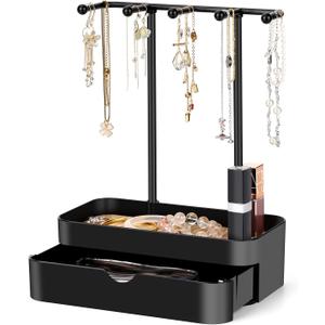 TACGEA Jewelry Holder Organizer, Jewelry Display Stand with Metal Holder and Plastic Tray, Black Double-Layer
