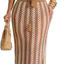 2 Piece Skirt Sets for Women Knit Crochet Color Block Crop Top Striped Maxi Skirts Hollow Out Vacation Outfits, XL