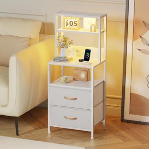 Furnulem Night Stand, Tall Bed Nightstand with 4-Tier Shelves, 2 PU Fabric Drawers and Light Tube, Bed Side Tables with Charging Station, Bedside Table for Bedroom, White