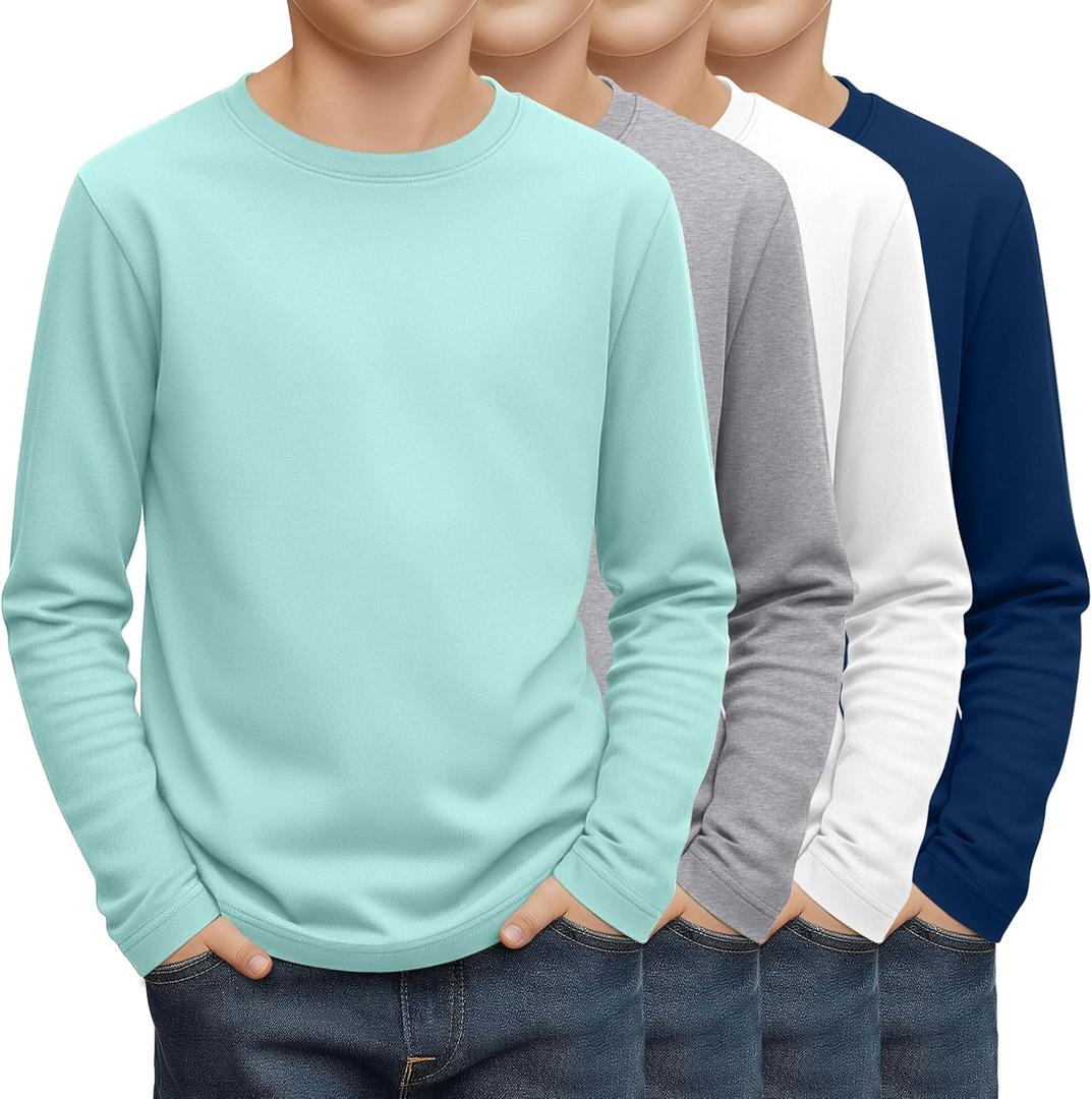 4 Pack Boy's Long Sleeve Shirts, Crew Neck Soft Tops Toddler Kids Basic Tees 7-8Y