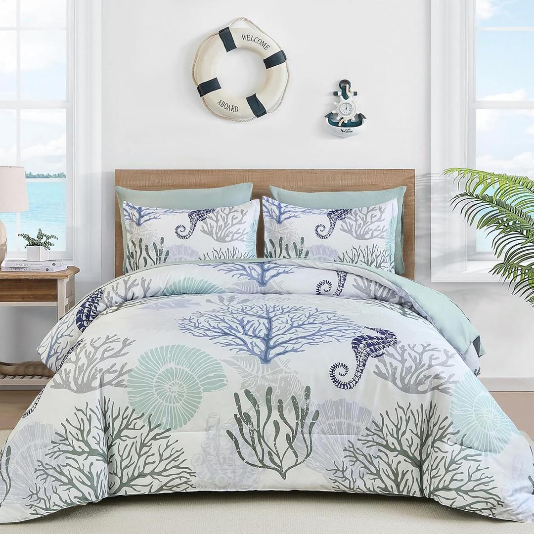 WONGS BEDDING Comforter Set Queen Coastal Beach Theme Bedding Set, 7 Pieces Ocean Nautical Seaweed & Starfish Bed in a Bag for All Season(90"90")