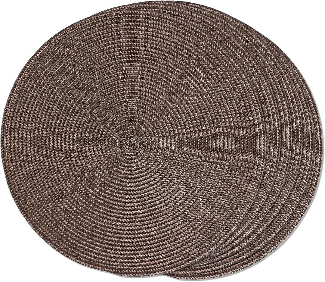 FunWheat Round Braided Placemats Set of 6 Table Mats for Dining Tables Woven Washable Non-Slip Place mats 15 inch (Brown, 6pcs)