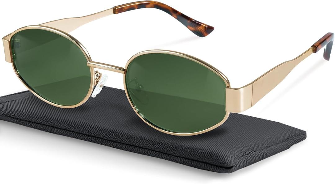 livho Retro Polarized Sunglasses - UV400 Protection, Oval Shape, Metal Frames - Matching Soft Case Inlcuded