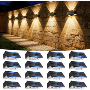 Solar Fence Lights Outdoor, 16 Pack Fence Solar Lights Waterproof | IP65 Fence Lights Solar Powered Up & Down LED Focus, 9 Color Modes, 12H Dusk to Dawn Glow for Pool/Patio/Backyard - Black