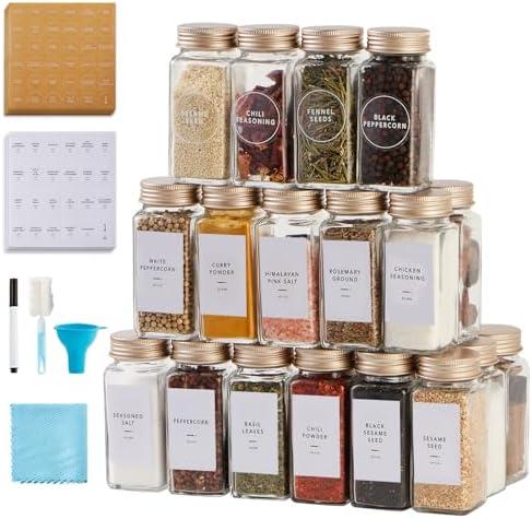 25 Pcs Spice Jars with Label- Glass Spice Jars with Gold Metal Caps,Shaker Lids, Funnel, Chalk Pen, Brush,Cleaning Cloth,Skiileor 4oz Seasoning Containers Bottles for Spice Rack, Cabinet, Drawer