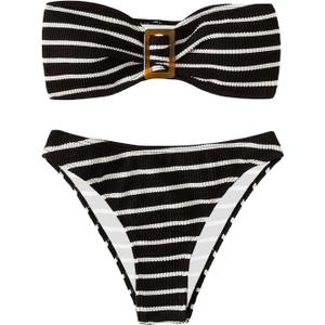 GORGLITTER Women's 2 Piece Striped Swimsuit Strapless Bandeau High Waisted Thong Bikini Set Bathing Suit Black Striped Small