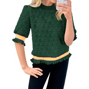 Fisoew Womens Quilted Pattern Cropped Sweatshirts Casual Crewneck Half Lantern Sleeve Textured Ruffle Loose Pullover Tops