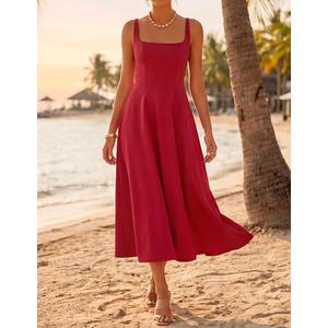 ZESICA Women's Summer Elegant Sleeveless Midi Dresses 2026 Wedding Guest Cocktail Party Crewnenck Flowy A Line Long Dress Red Small