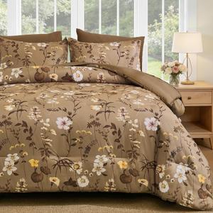 DJY Comforter Set King Size,Dark Brown Floral 7 Pieces Bed in a Bag