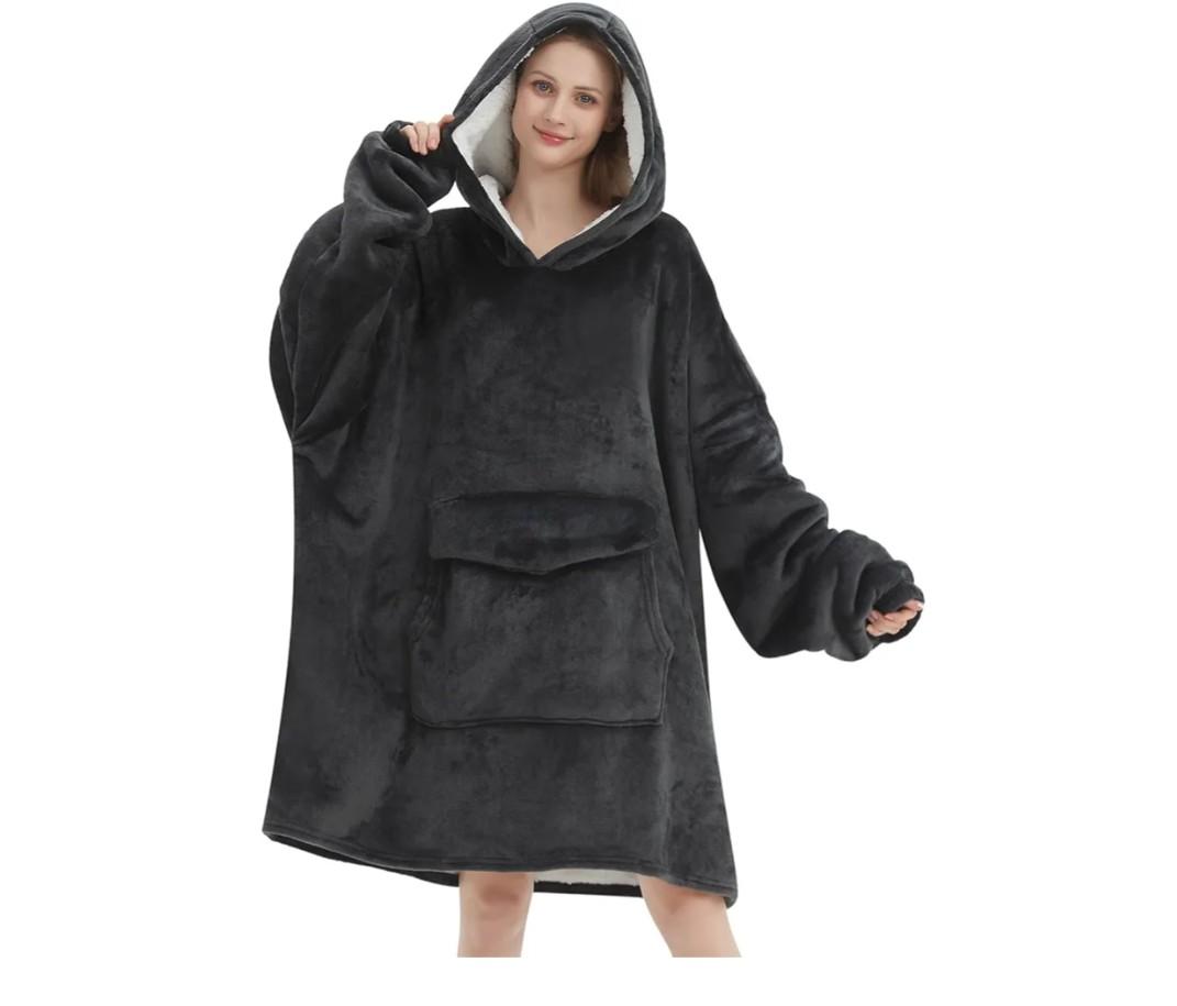 Mewkou Wearable Blanket Hoodie for Adult,Oversized Sherpa Fleece Blanket Hoodie for Women Men,Grey