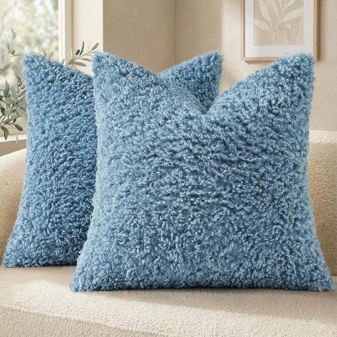 decorUhome Pack of 2 Throw Pillow Covers 20x20 Inch, Faux Fur Decorative Sherpa Pillow Covers Fuzzy Accent Soft Sheepskin Fleece Pillow Cases for Couch Living Room Bed, Light Blue
