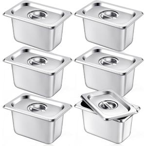Mifoci 6 Pack Stainless Steam Hotel Pan with Lid, 1/9 Size x 4 Inch Deep Steam Table Pan Restaurant Supplies Reusable Anti Rust Catering Storage for Home, Party, Restaurant, Hotel, Buffet