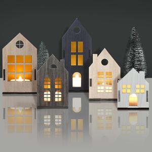 Syhood 8 Pcs Christmas Village Set, 5 LED Lighted Wooden Houses and 3 Frosted Trees Christmas Decorations Indoor Scenes Farmhouse Rustic Decor for Tabletop Mantel Xmas Holiday Decor