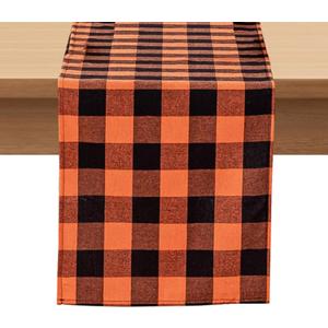 Softalker Fall Checkered Table Runner - Orange Buffalo Plaid Halloween Thanksgiving Stain Resistant Washable Table Decoration for Dining/Parties/Holiday Decor, 13 x 48 Inch