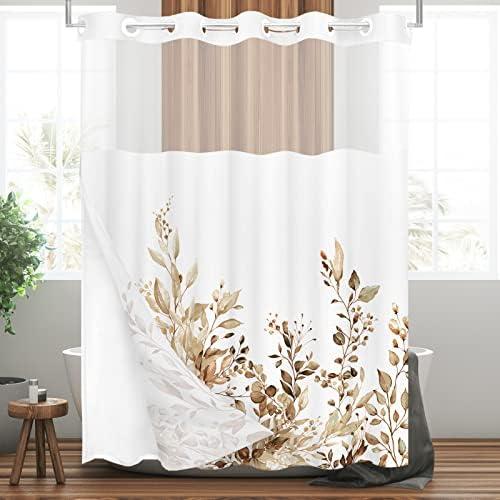 Tititex No Hooks Snap in Liner Tan Eucalyptus Leaves Shower Curtain Sets, Hotel Luxury Double Layers Waterproof Fabric & See-Through Top Window Bathroom Decorative 72x78 Inch