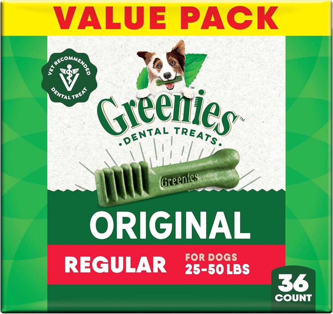 Greenies Veterinarian-Recommended Adult Natural Dental Dog Treats Regular Size, Dog Dental Chews, Original Flavor, 36 oz. Pack, 36 Count