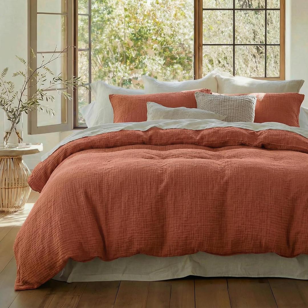 Bedsure 100% Muslin Cotton Duvet Cover Queen Size - Ultra-Soft Gauze Duvet Cover, PureWoven Breathable & Lightweight Bedding Set with Button Closure and Corner Ties (Terracotta, Queen, 90"x90") (06 - Muslin - Terracotta (No Comforter))