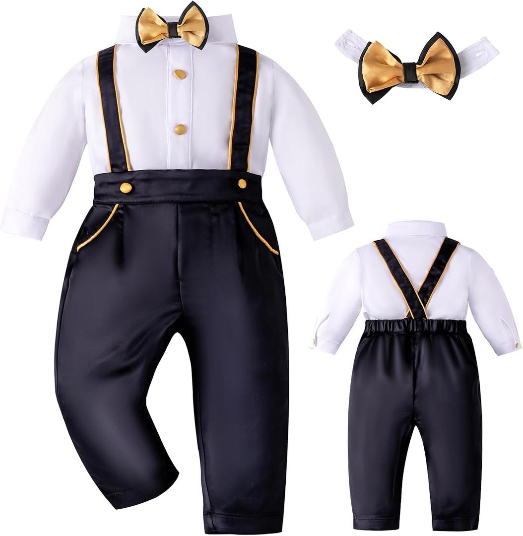 Booulfi Baby Boy Toddler Suits Boys Formal Clothes Bowtie Shift Suspenders Gentleman Outfit Boy Clothes 3 Months-3T (White)