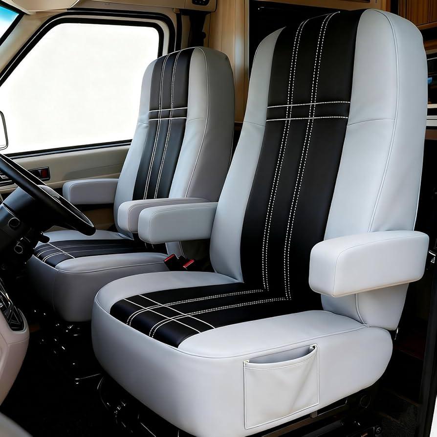 BeadChica RV Seat Covers Captains Chairs,Motorhome Seat Cover 2PCS for Class-A RV Seat with Arm Rest Covers (Black&Grey)
