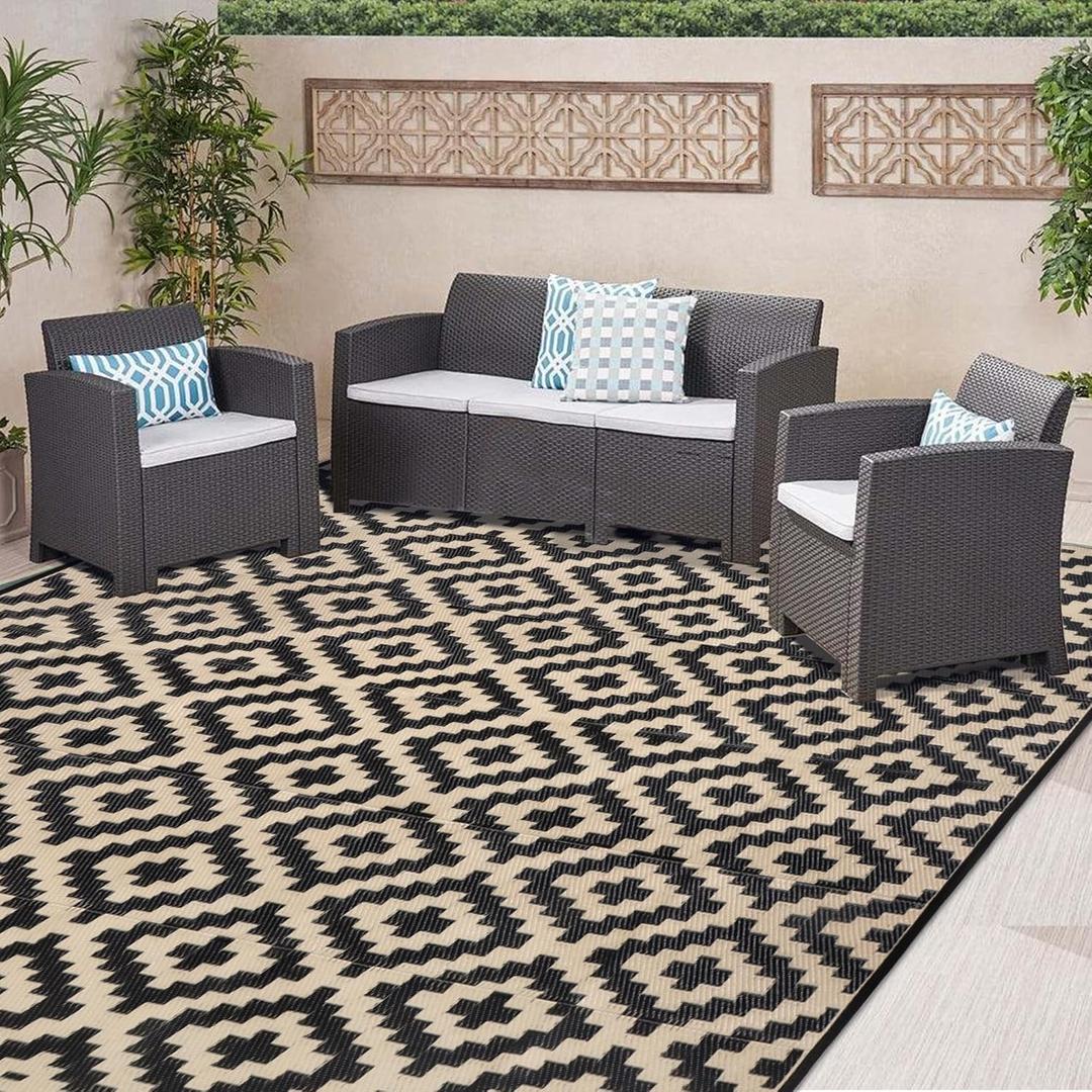 SAND MINE Waterproof Outdoor Rug 8x8 ft, Plastic Reversible Rug, Modern Area Rug, Large Floor Mat for Outdoors, RV, Patio, Backyard, Deck, Picnic, Beach, Camping, Black & Beige