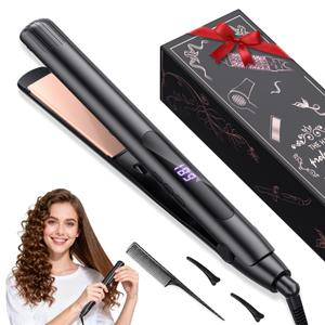 Hair Straightener, Flat Iron 1 Inch Titanium Ceramic Ionic Hair Straightener and Curler 2-in-1, Fast Heat Up, Adjustable Temperature, Dual Voltage, Auto Shut Off for Less Frizz, Shines and Smooth