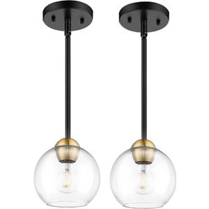 Emak 2 Pack Black and Gold Pendant Light Fixtures, Modern 7 Inch Globe Pendant Lights Kitchen Island with Clear Glass Shade, 1 Light Hanging Lights for Kitchen, Bedroom, Bathroom, PL119-BKBGD-2PK