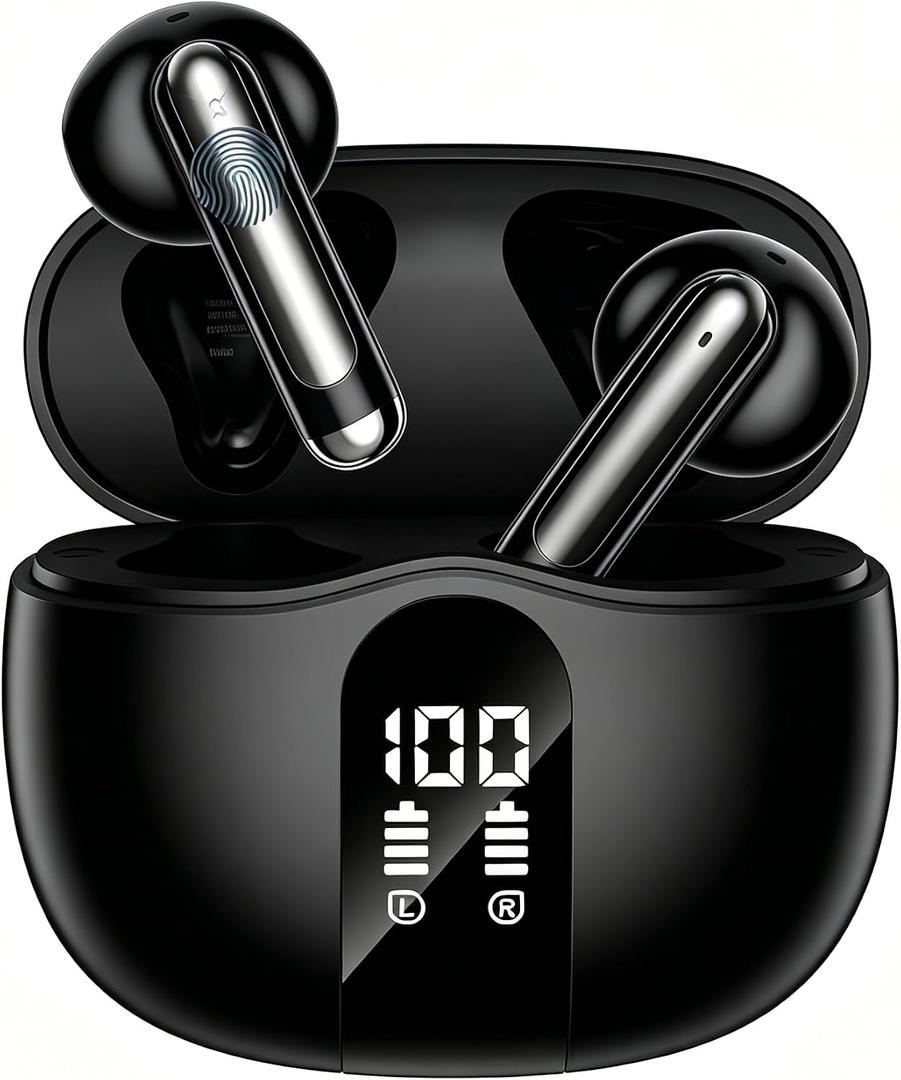XIAOWTEK Wireless Earbuds, 2026 Bluetooth 5.4 Ear Buds with Noise Cancelling Mic, LED Display Earphones for LaptopBlack 