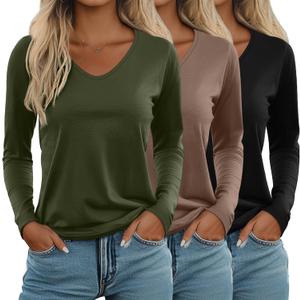 Ficerd 3 Pack Women's Long Sleeve T Shirts, V Neck Basic Tops Fall Casual Trendy Tees Loose Fit Soft Clothes Outfits (Black, Coffee, Army Green) S