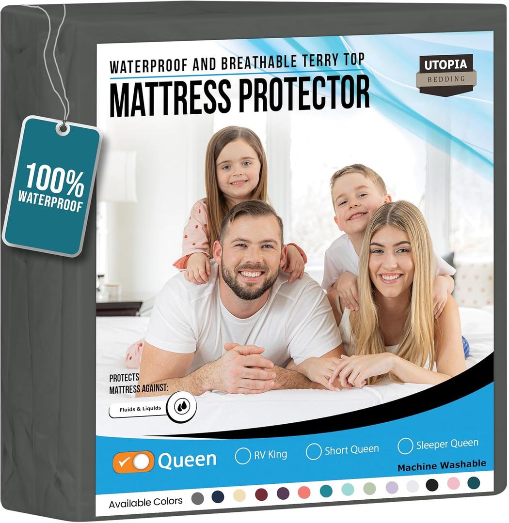 Utopia Bedding Waterproof Mattress Protector Queen Size, Premium Terry Mattress Cover 200 GSM, Breathable, Fitted Style with Stretchable Pockets (Gray) (Grey)