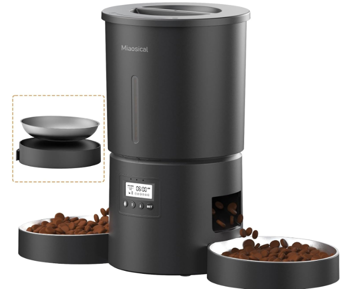 Dual Automatic Cat Feeder 2 Cats,6 Meals/Day,12 Portions/Meal,4.2L Dual Power Double Bowls Feeder,Dry Food Auto Pet Dispenser,10S Voice Record,Flexible Schedule Timer (Black,Stainless Dual Bowls)