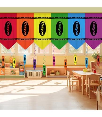 Renbuzhu 23Pcs Rainbow Crayon Curtains Classroom Decor with Colorful Hanging Swirls Back to School Decorations for Teacher Appreciation Week First Day of School Bedroom Window Cover Room