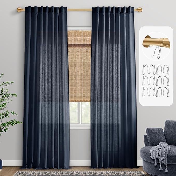 PANELSBURG Navy Blue Sheer Bedroom Curtains 84 Inch Length 2 Panels Set, Back Tab Hooks Belt Boho Farmhouse Light Filtering Semi Sheer Linen Kids Curtains for Boys Bedroom Living Room, Navy Blue (55"W x 90"L)