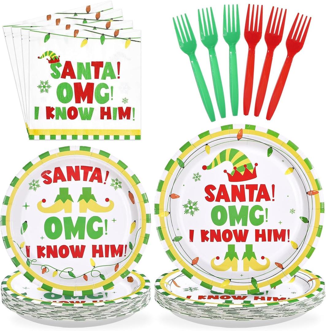 96Pcs Christmas OMG Party Supplies Funny Xmas Movie Party Plates and Napkins Disposable Santa OMG Tableware Set for Christmas Baby Shower Decorations Serves 24