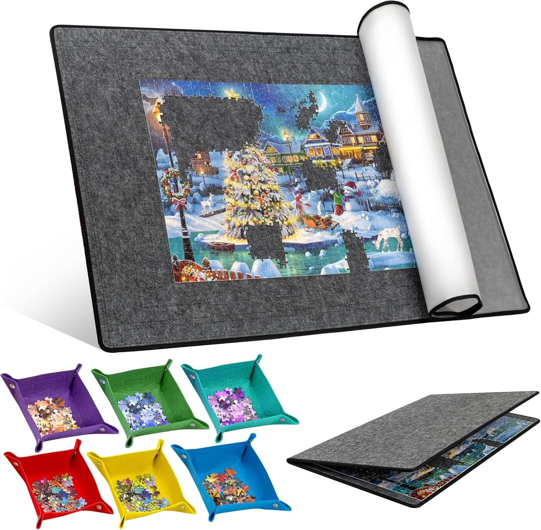 Becko US 2000-pc Foldable Puzzle Board with 6 Colorful Trays & TPU Cover, Portable & Lightweight Puzzle Table, Felt Mat with Auxiliary Lines for Storage, for 2000 1500 1000 Pieces Puzzles (Dark Gray)