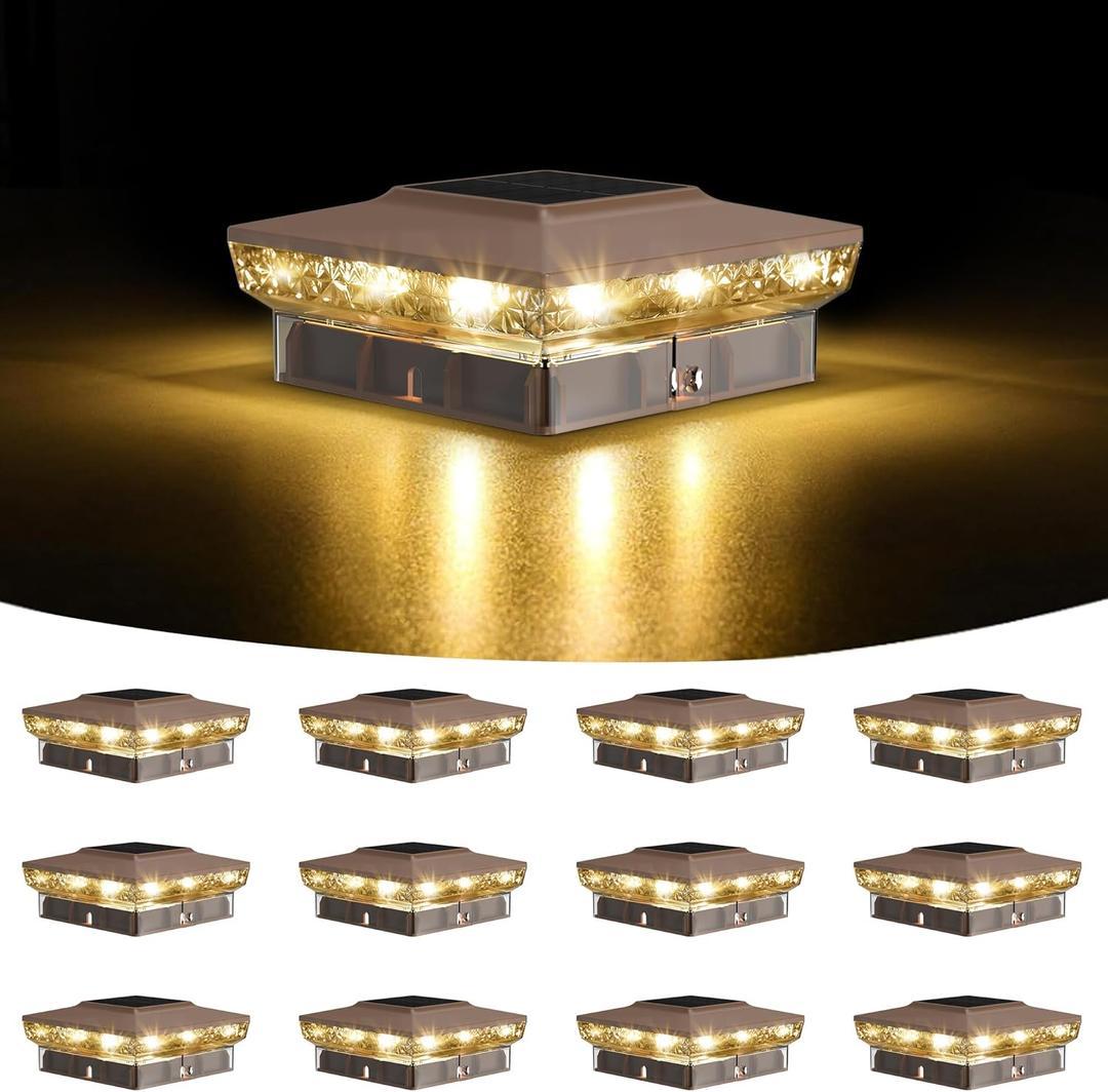 Solar Post Cap Lights, 12-Pack Upgraded Outdoor Deck Fence Post Solar Lights for 4x4 5x5 Wood/Vinyl Posts, IP65 Waterproof, 10-12 Hours Warm/Cool White Glow for Garden/Patio/Porch - Brown