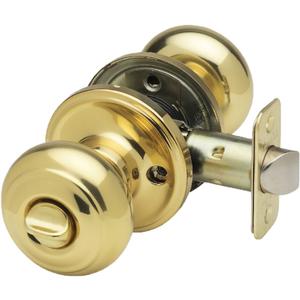 Copper Creek Polished Brass Door Knobs - Round Colonial Knob with Privacy Locking Function for Home Improvement, 1 Pack - Fits All Standard Doors - Locking Door Knob for Bedroom and Bathroom Use