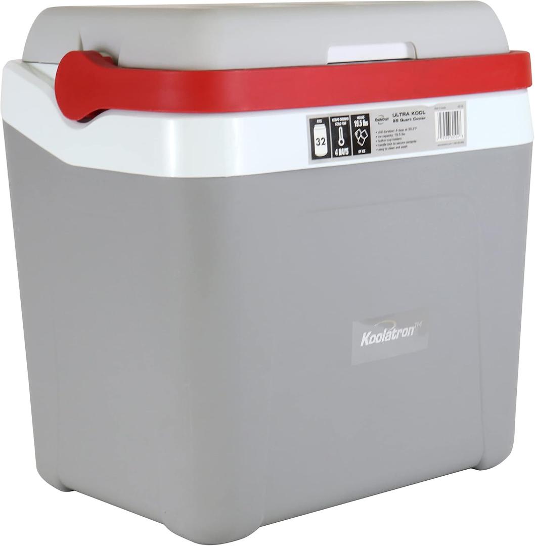 Koolatron Ice Chest Cooler - Portable Cooler with w/ Locking Carry Handle, Vintage Style, Insulated for Camping Snacks, Lunch, Day TripsBeach, Picnic, BBQs, Tailgating, Fishing, 32 Can Ice Box, 25L