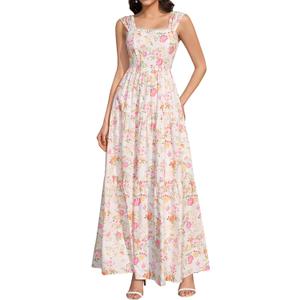 KUTUMAI Floral Maxi Long Dress Lace Up Square Neck Flowy Summer Wedding Guest Dresses for Women 2026 (Size M)