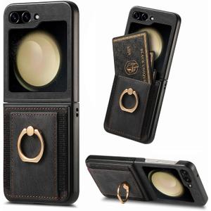 for Samsung Galaxy Z Flip 6 / Z Flip 7 FE with Card Holder,Wallet Phone Case with Built-in Rotate Ring Stand PU Leather Protective Kickstand Case for Women Girls Galaxy Z Flip 6 / Z Flip 7 FE Black