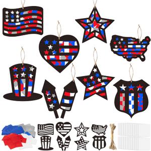 CJiangpo 24 Sets Independence Day Suncatcher Paper Craft Kits, DIY Stained Glass Effect Window Ornament Tissue Paper Art Craft for Kid 4th of July Patriotic Decors Classroom Activities Party Supplies
