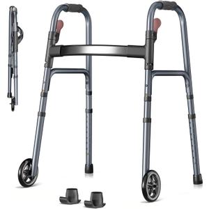 Folding Walker for Seniors, Rolling Walker with 8 Height Adjustments, One-Hand Folding, 300lbs Capacity, Lightweight Aluminum Front Wheel Walker for Elderly Adults and Handicap
