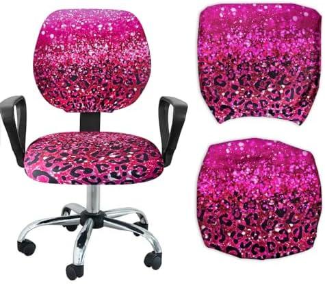 Computer Office Chair Seat Cover, Soft Stretch Universal Desk Rotating Chair Slipcover, Removable Washable Chair Protector Cover - Hot Pink Glitter Sparkle with Black Pink Glitter Leopard