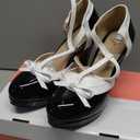 ForeMode Bow Mary Jane Shoes High Heels Closed Round Toe Pumps Leather Summer Sweet Shoe (6.5, Black)