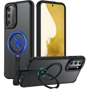 for Samsung Galaxy S22 Case with 360°Spin Magnetic Stand & Finger Strap, [Fit for MagSafe][Mil-Grade Protection] Ring Holder Kickstand Non-Slip Shockproof Matte S22 Phone Case (Black)