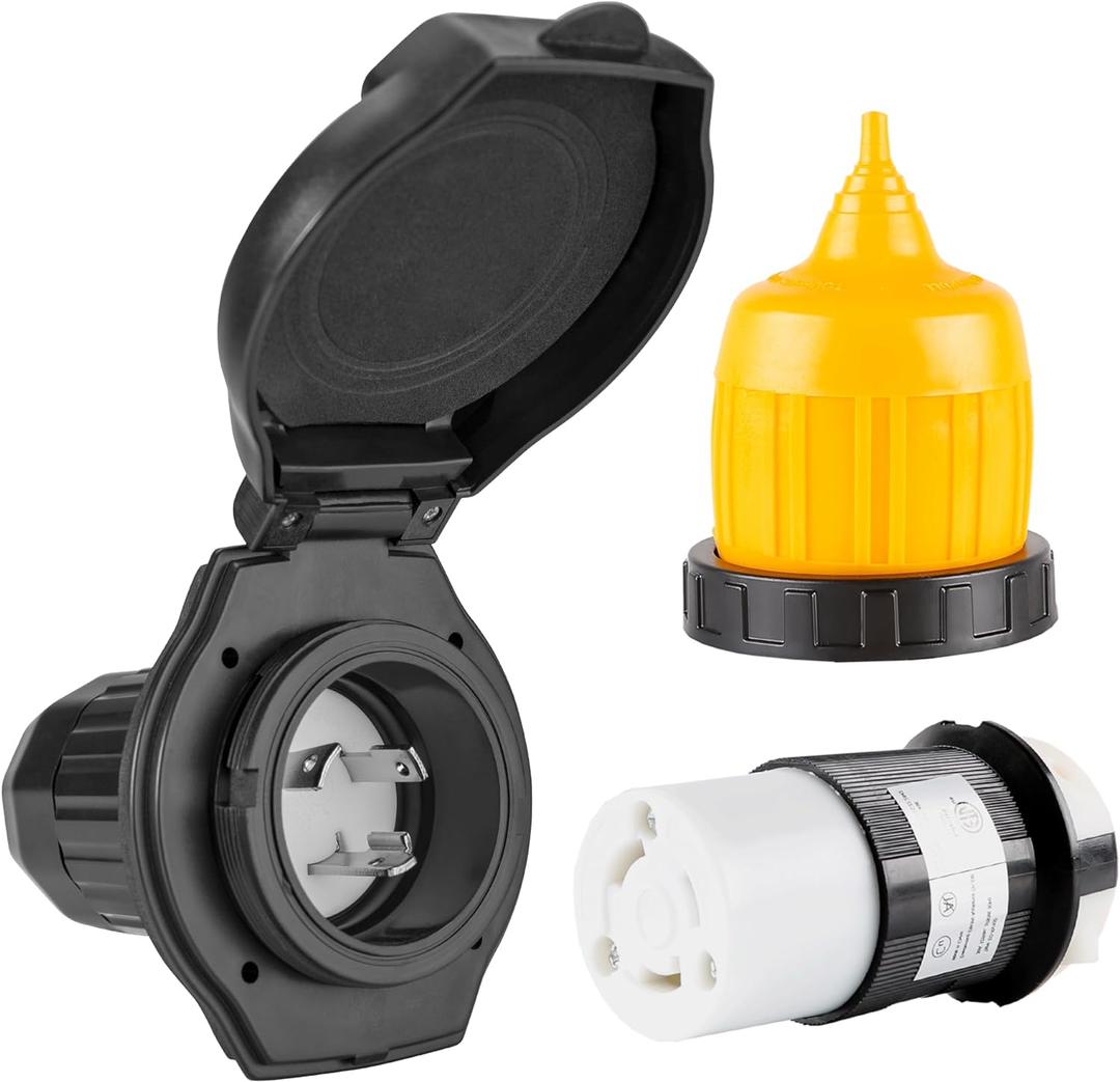 Ficstar 30 AMP RV Power Inlet Receptacle Power Plug with Indicator, 125V, Female Twist Locking Connector with Weatherproof Cover Boot Kit for RV Trailer Boat Caravan Camper, NEMA L5-30R Black Plug