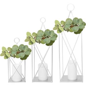 HPC DECOR Tall Metal Lantern Decor Set of 3-24"19"13" Elegant Decorative Lanterns With Garlands-Modern Silver Candle Lanterns for Garden Porch Decor,Indoor/Outdoor for Wedding Dcor,Party,Home Decor.